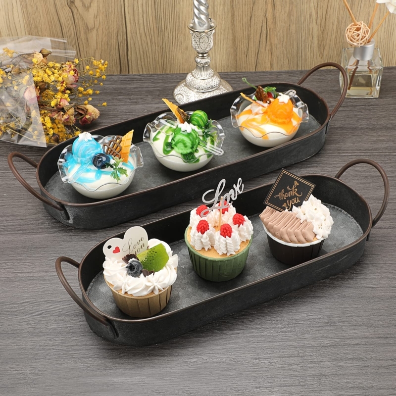 Nested Serving Tray Set Galvanized Metal Twisted Handles Distressed Silver