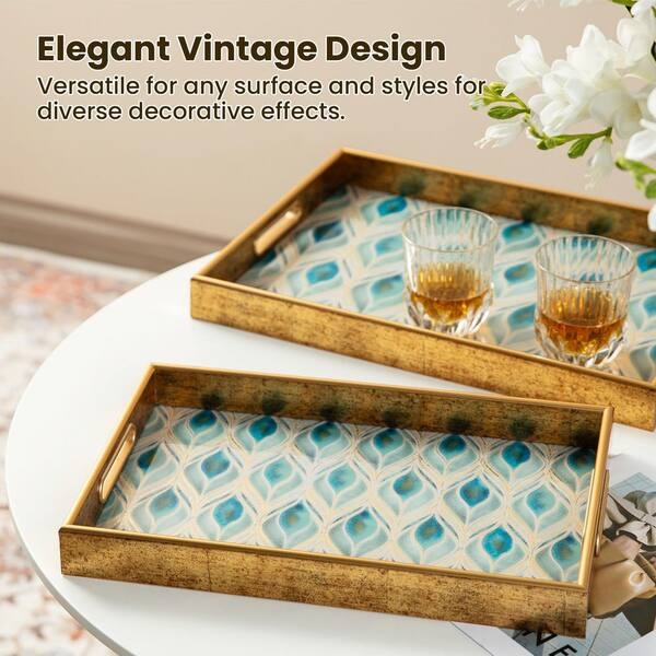 Nested Tray Set with Peacock Feather Pattern, Blue and Gold Motif