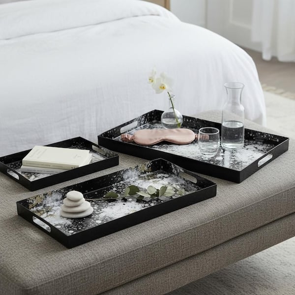 Nesting Decorative Tray Set in Black and White Metal with Handles