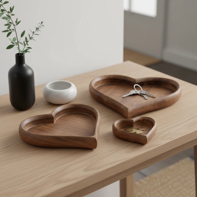 Nesting Decorative Tray Set in Heart Shape with Dark Wood Grain