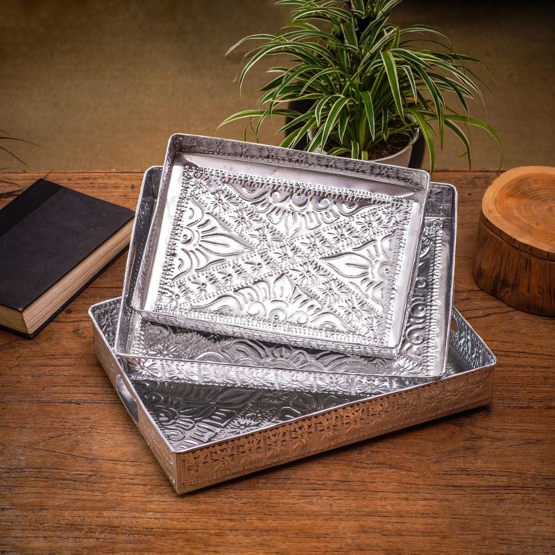 Nesting Decorative Tray Set of 3 Silver Hammered Aluminum Rectangular