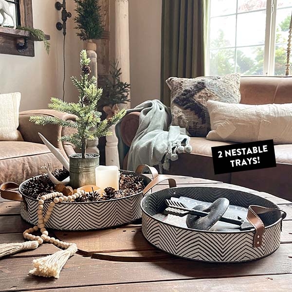 Nesting Serving Trays with Leather-Like Handles, Two-Tone Finish