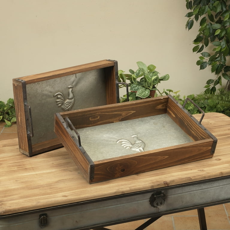 Nesting Tray Set with Natural Wood Base and Dark Metal Mesh Sides