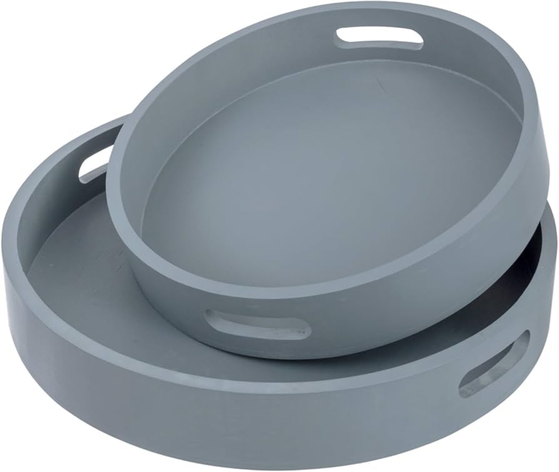 Nesting Trays, Set of 2, Round Charcoal Gray Wood with Metal Handles