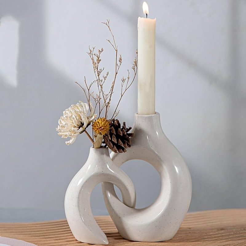 Nordic Ceramic Candle Holder Set Torus Shape Matte Cream Finish