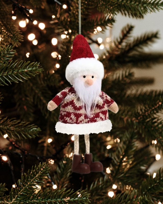 Nordic Plush Santa Ornament Striped Knit Hat Wooden Nose Rustic