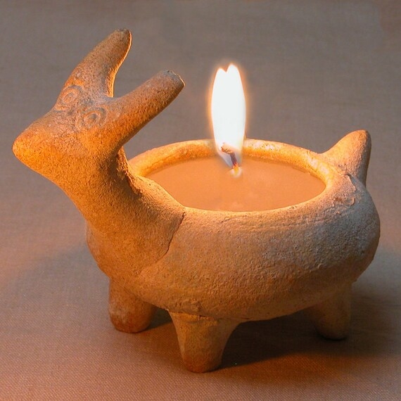 Novelty Candle Set Unglazed Pottery Deer Silhouette Beeswax Fill Rustic