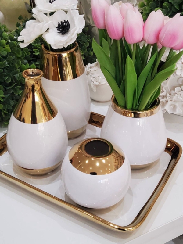 Oblong Ceramic Tray with Gold Rim, Luxury Console Table Decor