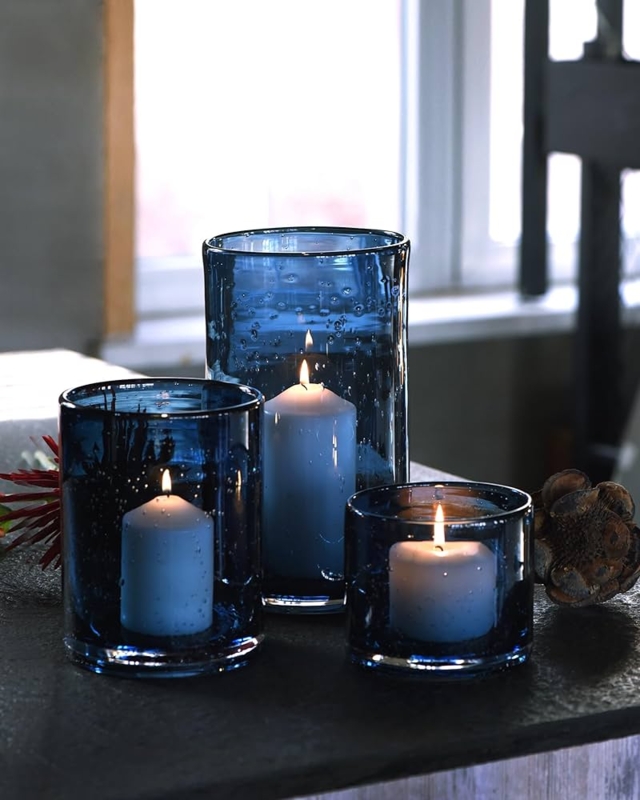 Ocean Blue Seeded Glass Hurricane Candle Holders Coastal Rustic Set