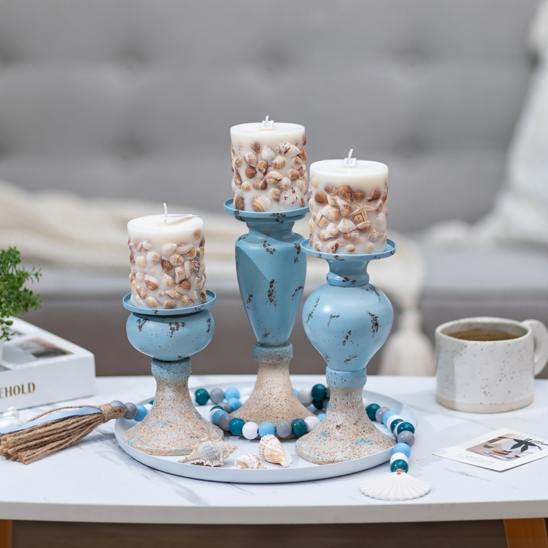 Ocean Inspired Cutout Candle Holders: Distressed Cream Metal Nautical Set