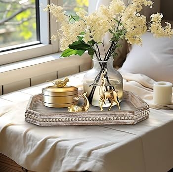 Octagonal Wooden Serving Tray with Whitewashed Finish and Beaded Trim.