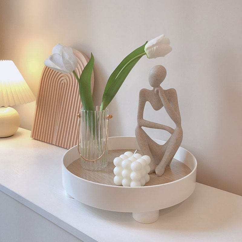 Off-White Ribbed Ceramic Tray Matte Round Stone Like Finish