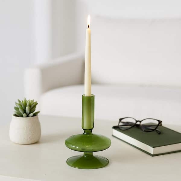 Olive Glass Taper Candle Holder Curved Silhouette Glossy Vintage