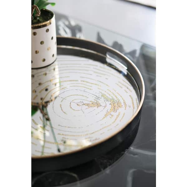 Openwork Rim Round Decorative Tray Mirrored Base Metallic Glam