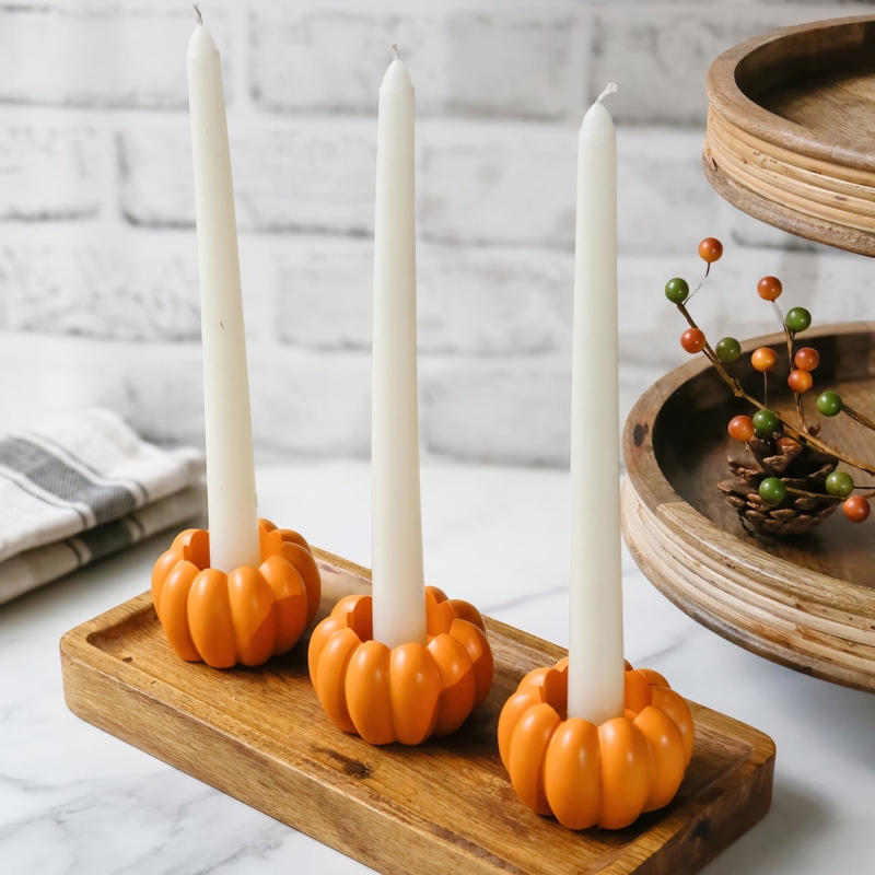 Orange Ceramic Pumpkin Candle Holder Glossy Dual Purpose Seasonal