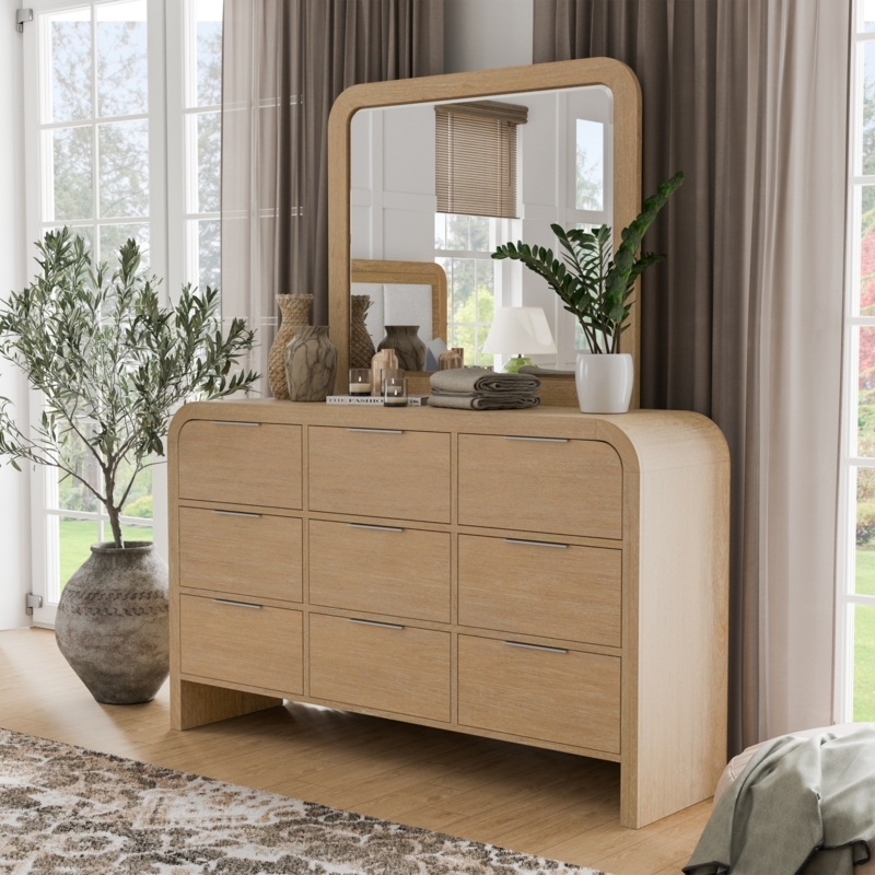 Organic Modern Dresser with Mirror: Light Wood & Waterfall Edges