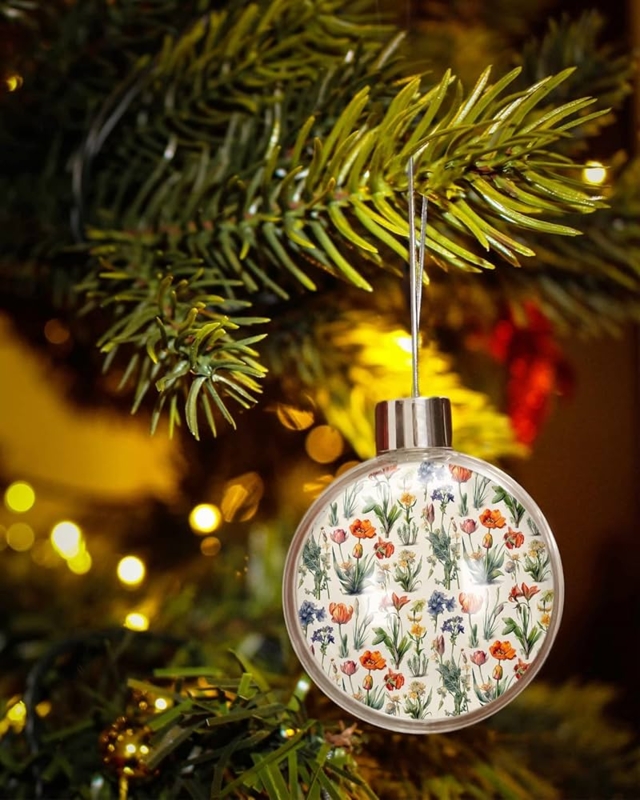 Ornament Balls: Botanical Floral Prints, Gold Caps, Cottage Style Hanging