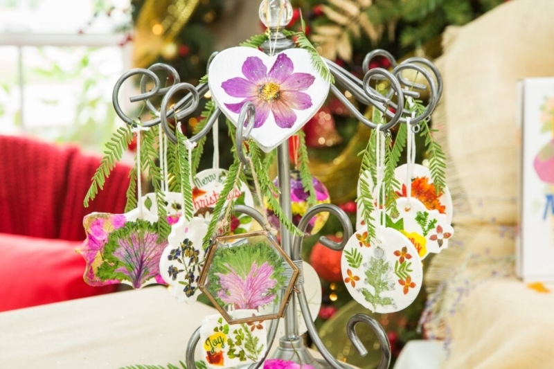 Ornament: Brass Rimmed Glass, Pressed Botanicals, Ribbon Hanger, Botanical Decor