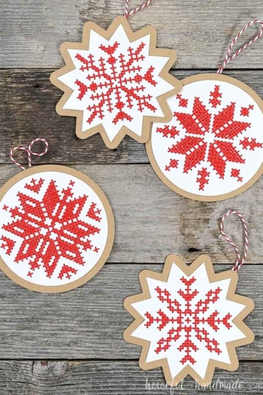 Ornament: Fabric House Shape, Red Cross Stitch Pattern, Nordic Style