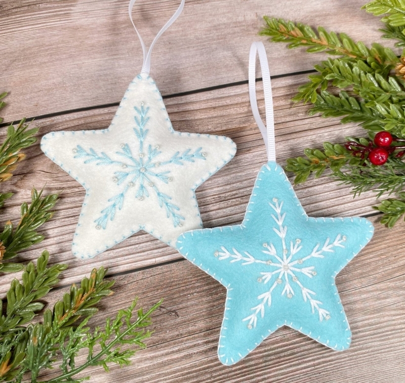 Ornament Navy Blue Felt White Embroidery Beaded Accents Handcrafted