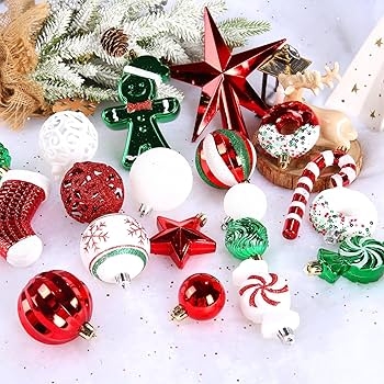 Ornament Set: 125-Piece Traditional Red Green White with Star Topper
