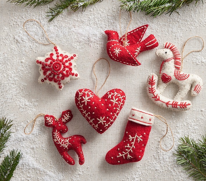 Ornament Set: Felt Fabric, Hand Stitched Details, Nordic Dala Horse Motif