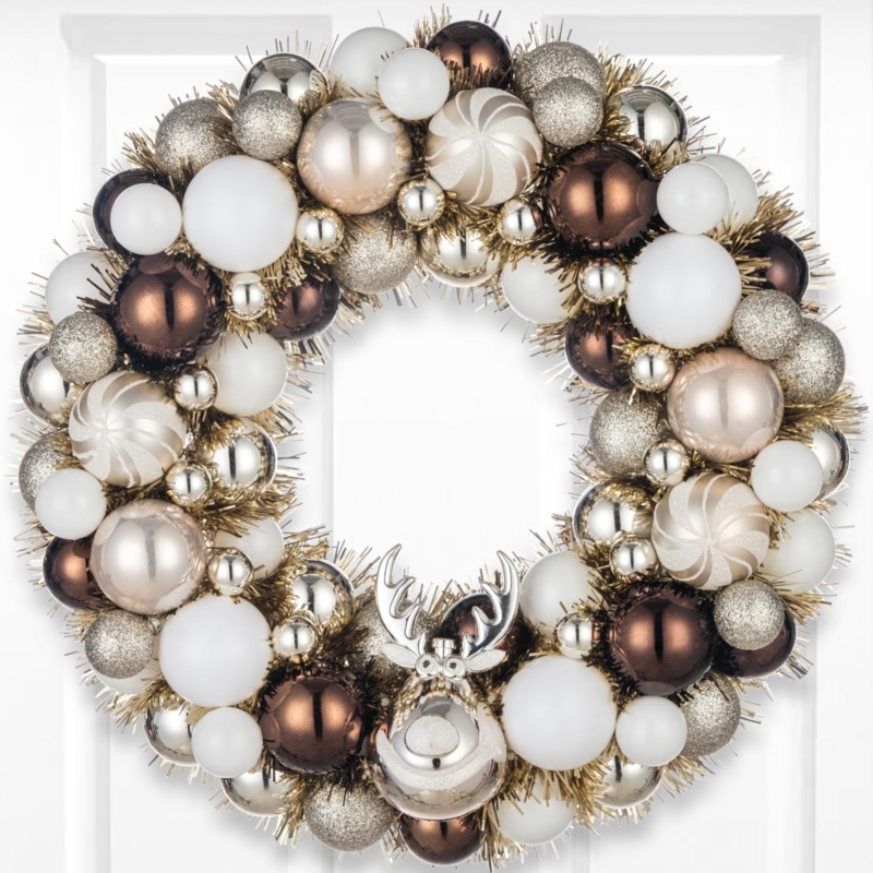 Ornament Wreath with Tinsel Reindeer Design, Metallic Bronze Ornament Wreath