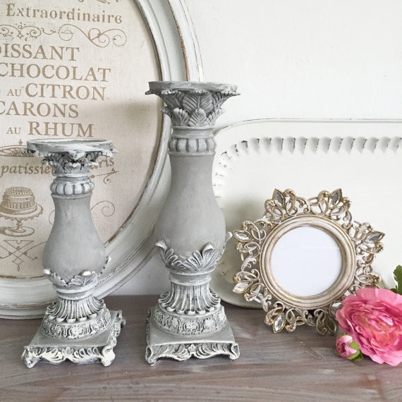 Ornate Carved Wood Taper Holders, Distressed Gold Finish Set