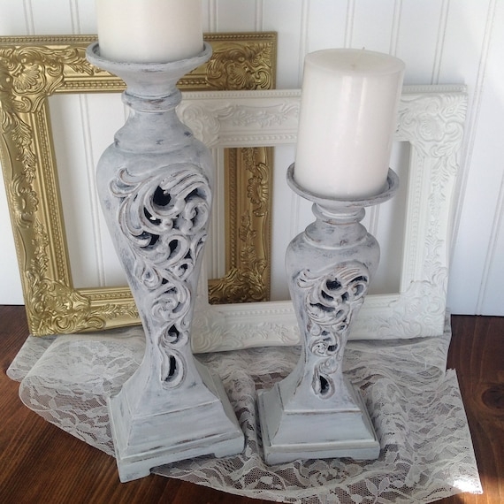 Ornate Column Candlesticks Set of 3, Distressed Gray Whitewash
