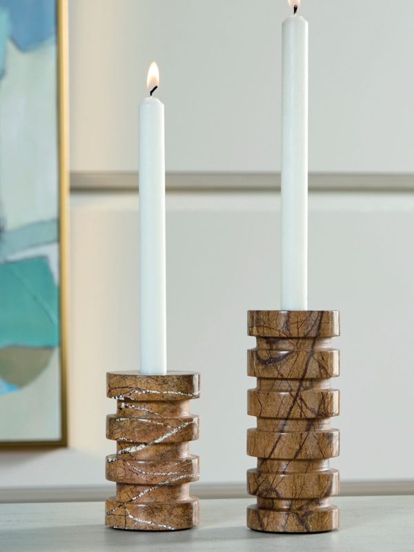 Ornate Floral Relief Pillar Candle Holders Traditional Carved Set