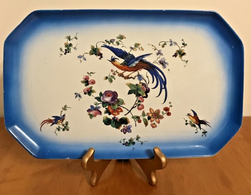 Ornate Metal Rim Porcelain Tray, Tray with Bird Motif