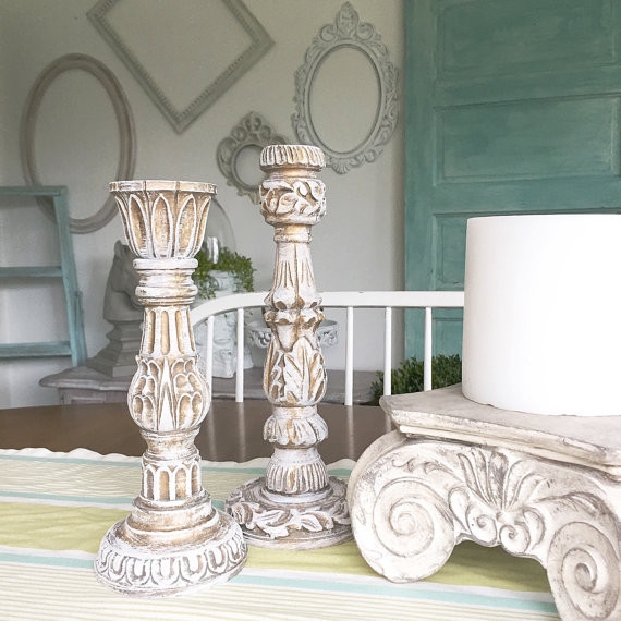 Ornate Pedestal Candlesticks, Distressed White and Gold Finish