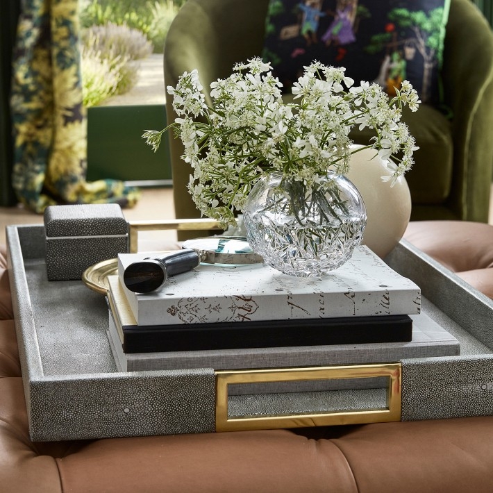 Ottoman Tray: Gray Faux Shagreen, Brass Trim Rectangular Luxury Decor