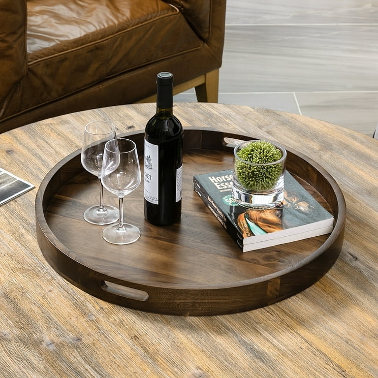 Ottoman Tray Oversized Round Walnut Grain Matte Finish Cutout Handles