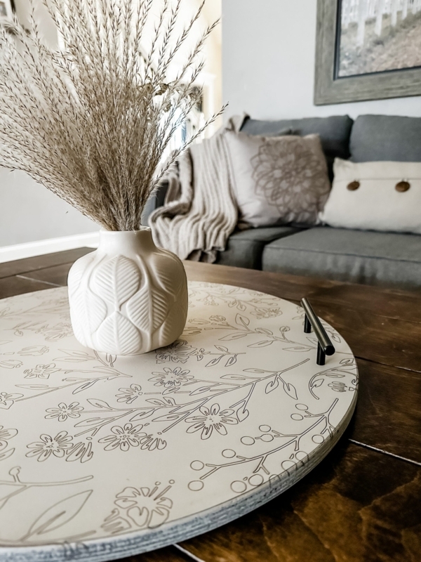 Ottoman Tray Round Distressed Ivory Engraved Floral Mandala