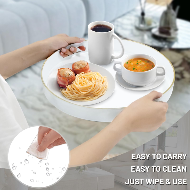 Ottoman Tray Round Matte White Gold Cutout Handles Modern Decor