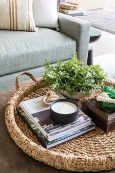Ottoman Tray: Square Wood Transitional Decor on Button Tufted Ottoman