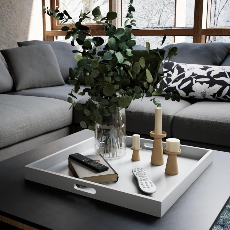 Ottoman Tray with Extra Large Square, Crisp White Finish