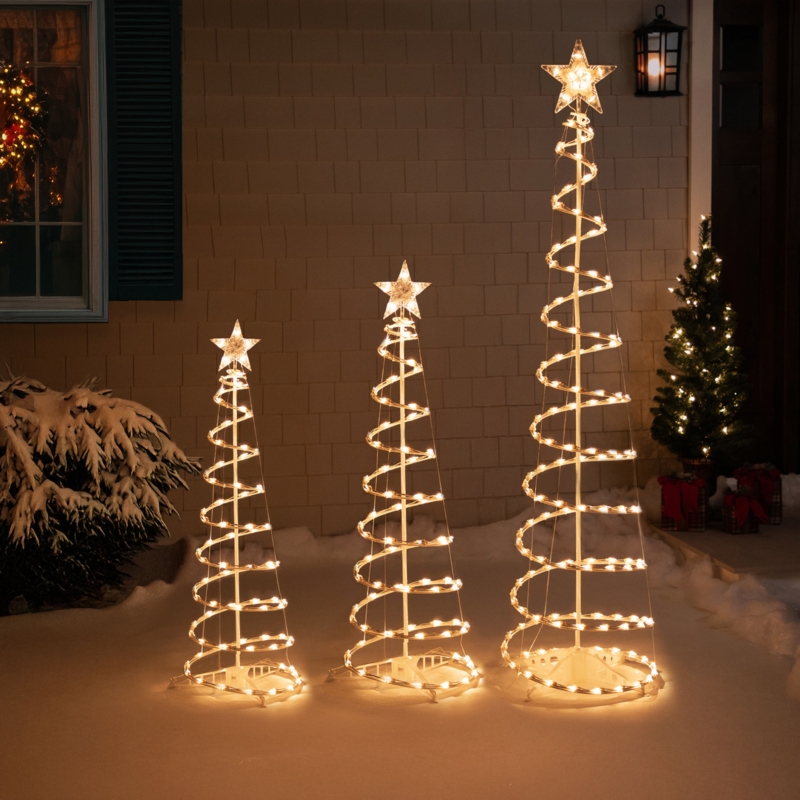 Outdoor Lighted Spiral Cone Trees: Wireframe Set with Star Toppers.
