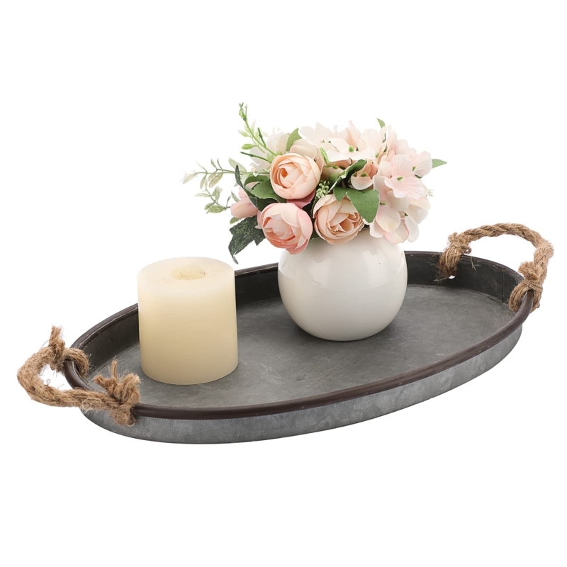 Oval Decorative Tray Galvanized Metal Rope Handles Rustic Platter