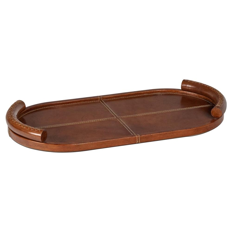 Oval Decorative Tray in Tan Leather-Like Finish with Cutout Handles