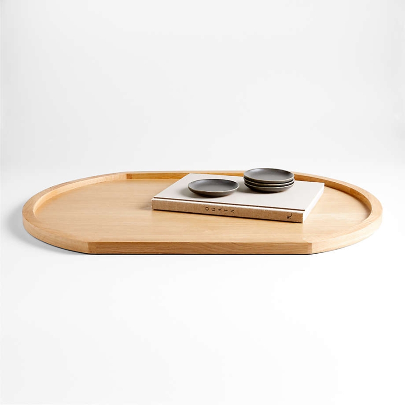 Oval Decorative Tray with High Rim Light Oak Japandi Ottoman Decor