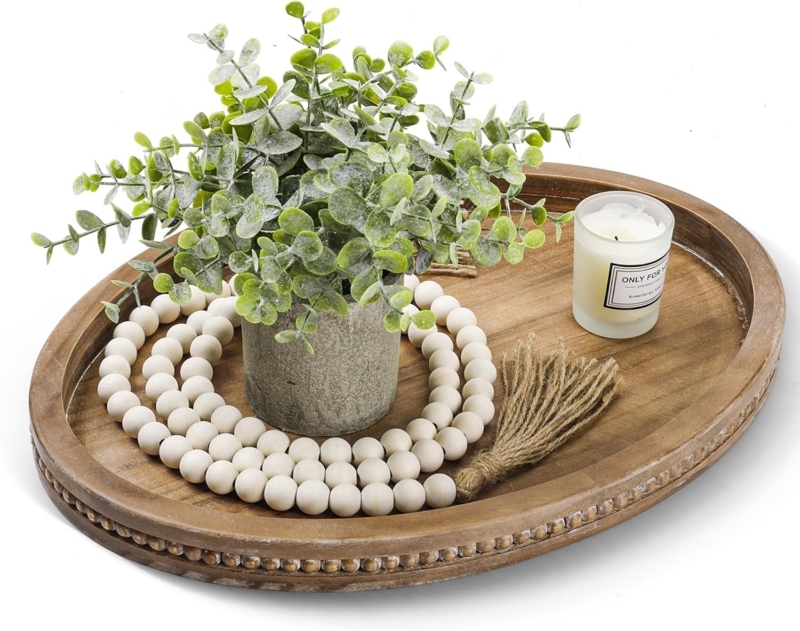 Oval Decorative Tray with Woven Rattan Sides & Wood Base