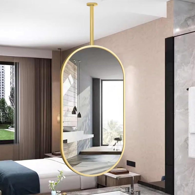 Oval Mirror Ceiling Mounted Suspended Rods Gold Metal Vanity Decor