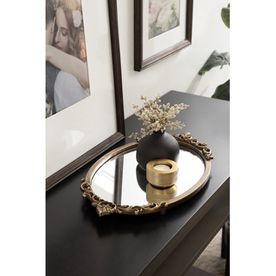 Oval Mirrored Tray with Ornate Cut-Out Rim for Vintage Style Vanity