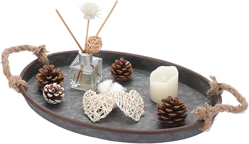 Oval Serving Tray Galvanized Metal Woven Rope Handles Distressed Finish