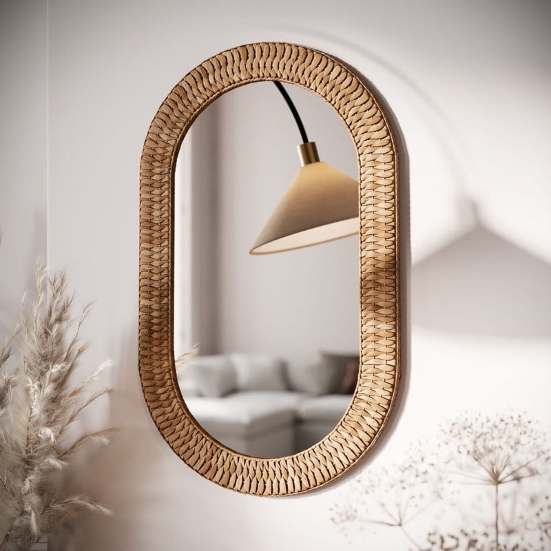 Oval Wall Mirror with Natural Grass Fringed Edge, Woven Rattan Decor