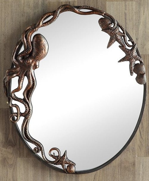 Oval Wall Mirror with Sculpted Octopus Frame, Antique Silver