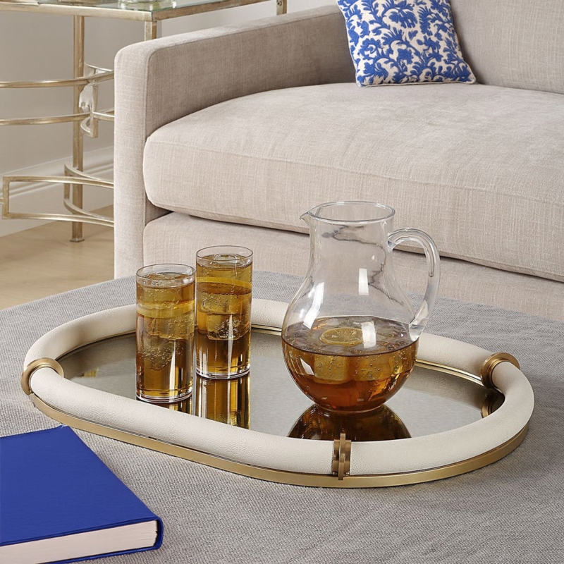 Oval White Leather-Like Tray with Polished Gold Handles, Modern Glam Accent