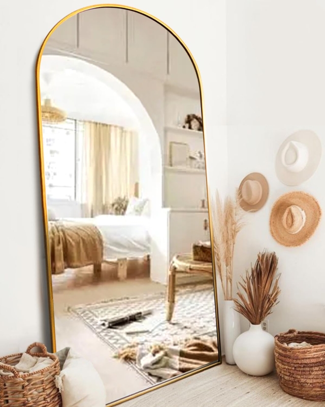 Oversized Arched Floor Mirror with Thin Gold Frame for Minimalist Bedroom